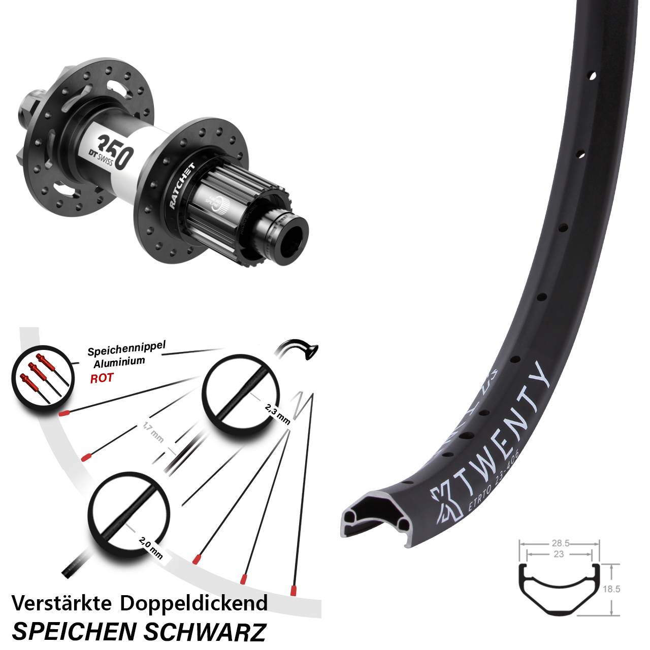 20 Zoll KX Twenty DT Swiss 350 Ratchet 36 Boost 6-Loch Hinterrad 12x148 Micro Spline