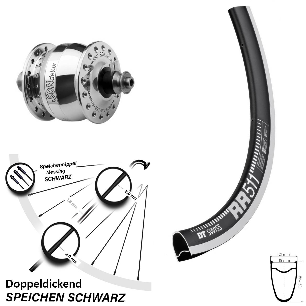 28 Zoll DT Swiss RR511 SON delux Vorderrad mit Nabendynamo für Schnellspanner