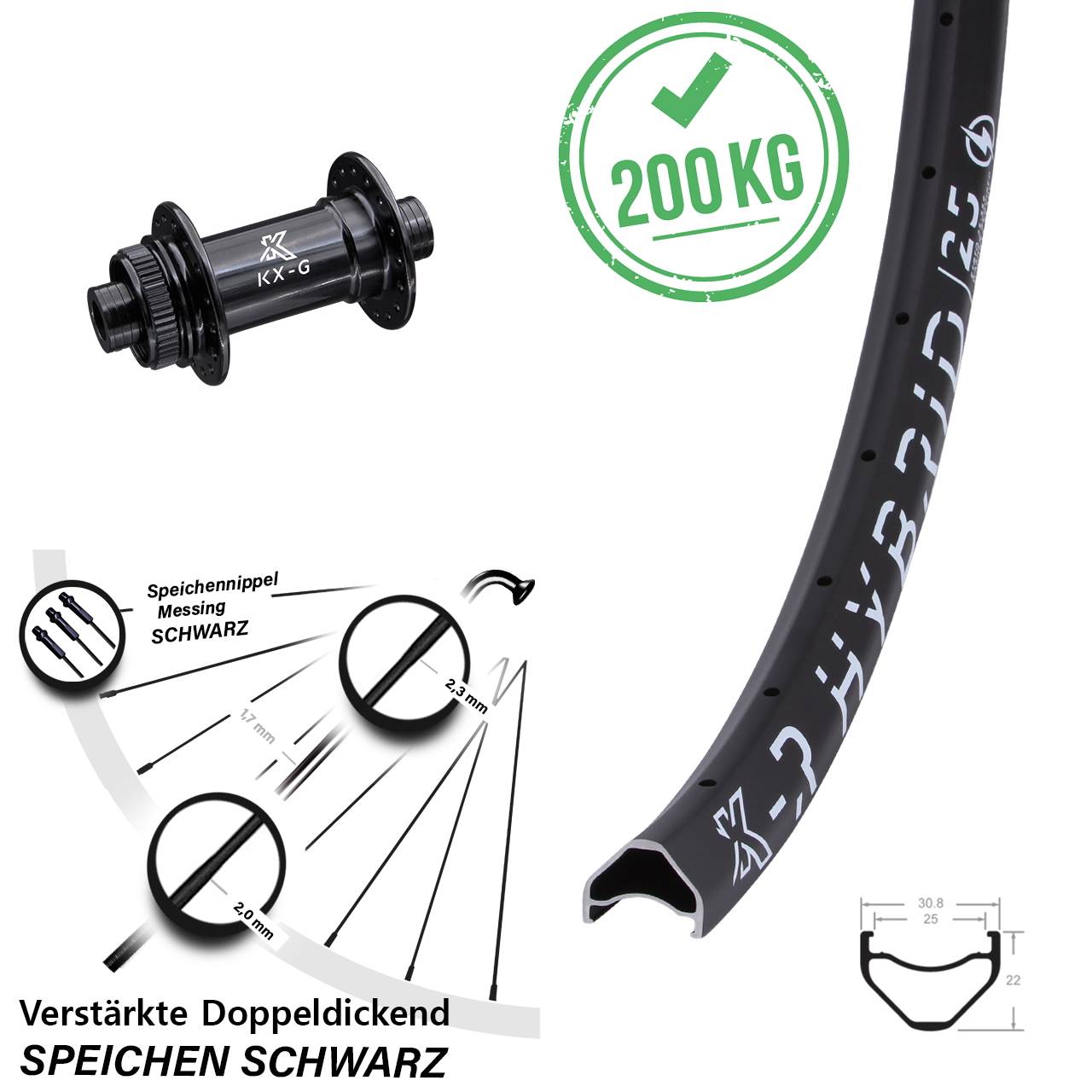 27,5 Zoll KX-R Hybrid 25 Vorderrad 15x100 Steckachse Centerlock verstärkt