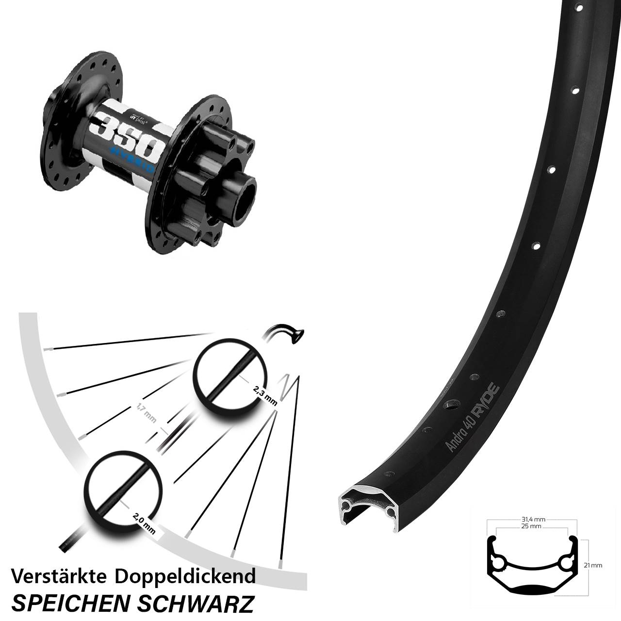 Ryde Andra 40 DT Swiss 350 Hybrid 28-29 Zoll Vorderrad 6-Loch 15x110 Boost