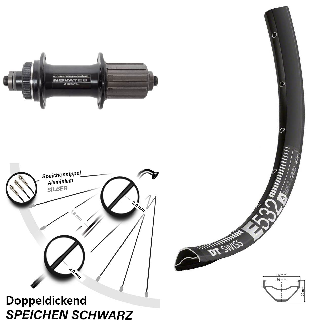 29 Zoll DT Swiss E532 Novatec D472 Centerlock Hinterrad für Schnellspanner 8-12 fach