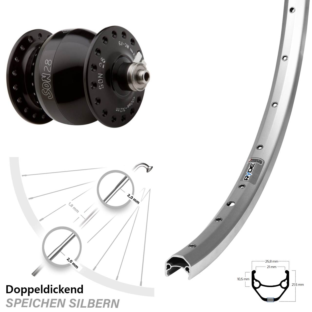 Vorderrad 27,5 Zoll Ryde ZAC 421 silbern Son 28 Nabendynamo