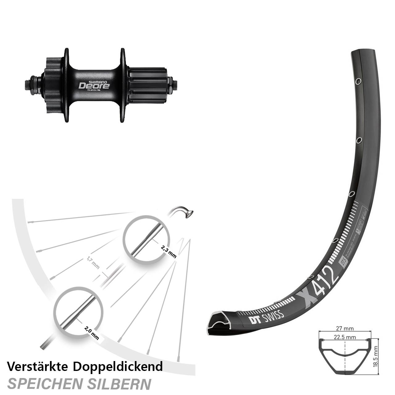 6-Loch Hinterrad 29 Zoll DT Swiss X412 Shimano Deore FH-M525 8-11 fach für Schnellspanner