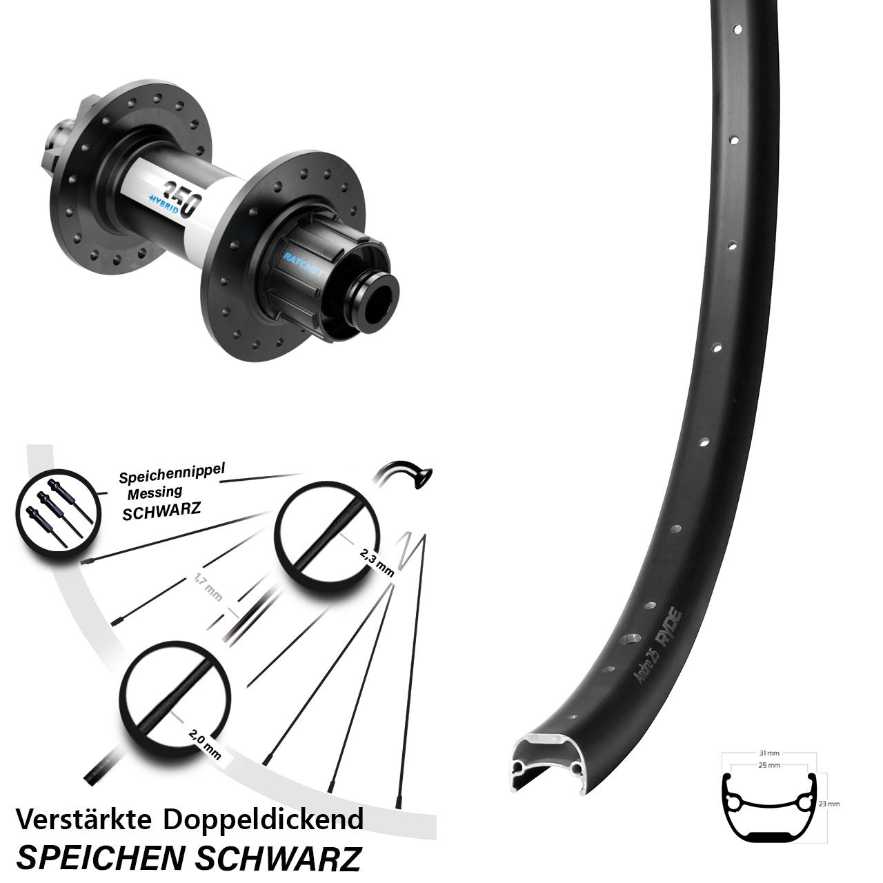 29 Zoll Hinterrad Ryde Andra 25 Disc DT Swiss 350 Hybrid 6-Loch 12x148 Singlespeed