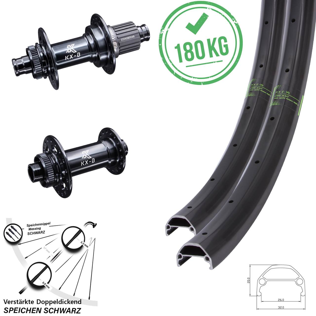 27,5 Zoll KX-BS Evo Boost Disc Laufrad-Satz 15x110 12x148 Boost Shimano Micro Spline