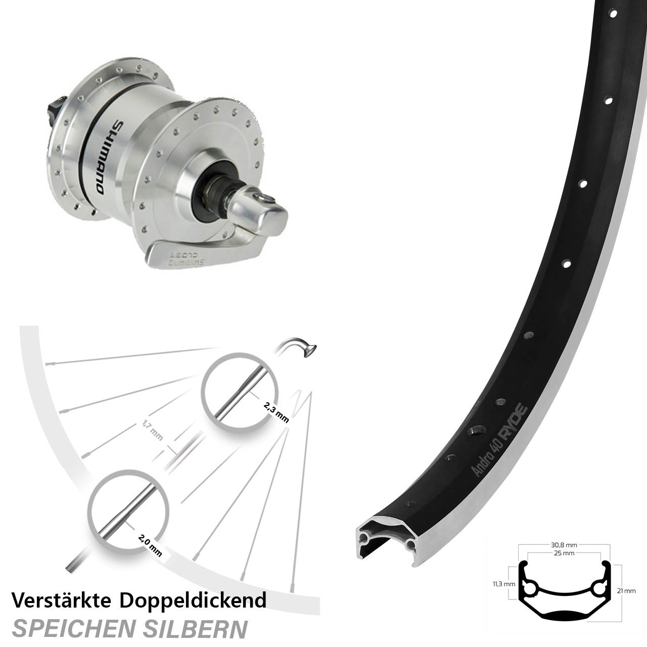Nabendynamolaufrad 28 Zoll Ryde Andra 40 Shimano DH3N72 für Schnellspanner