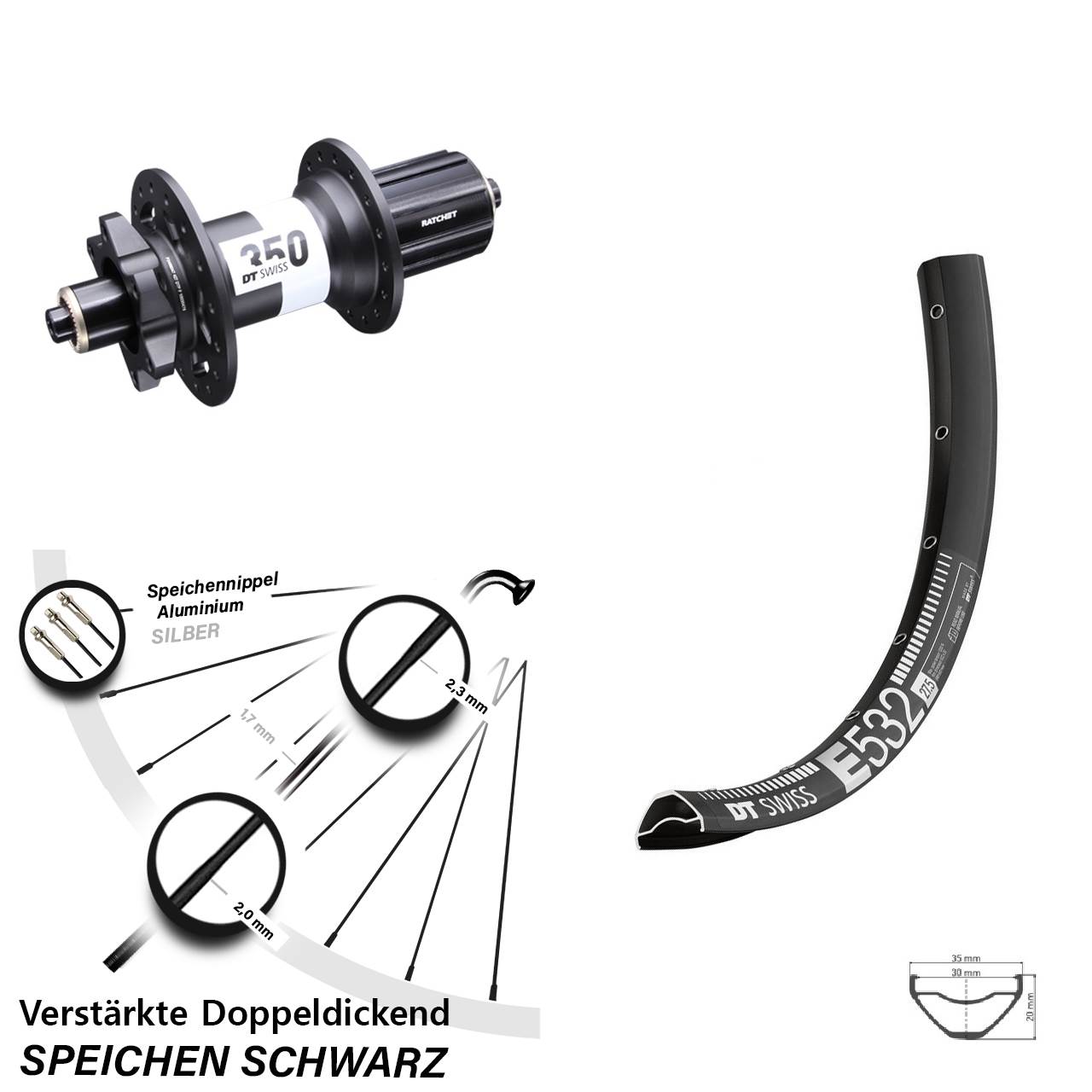 DT Swiss E 532-350 Ratchet 36 27,5 Zoll Hinterrad für Schnellsp. 8-11 fach
