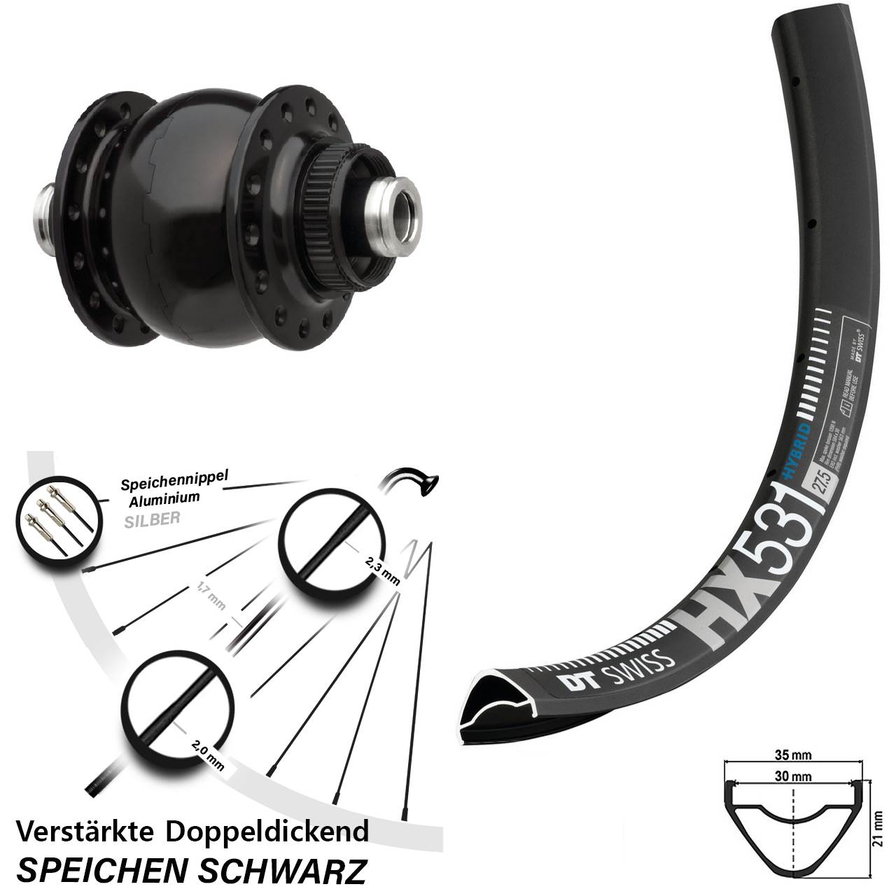 29 Zoll DT Swiss HX531 SON 28 Dynamo-Vorderrad Centerlock 12x100