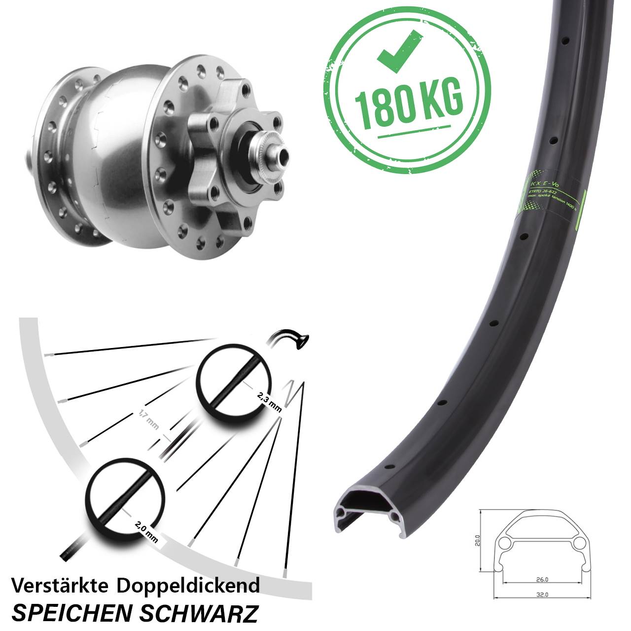 Disc Laufrad mit Nabendynamo 650B KX Evo SON 28 silbern QR