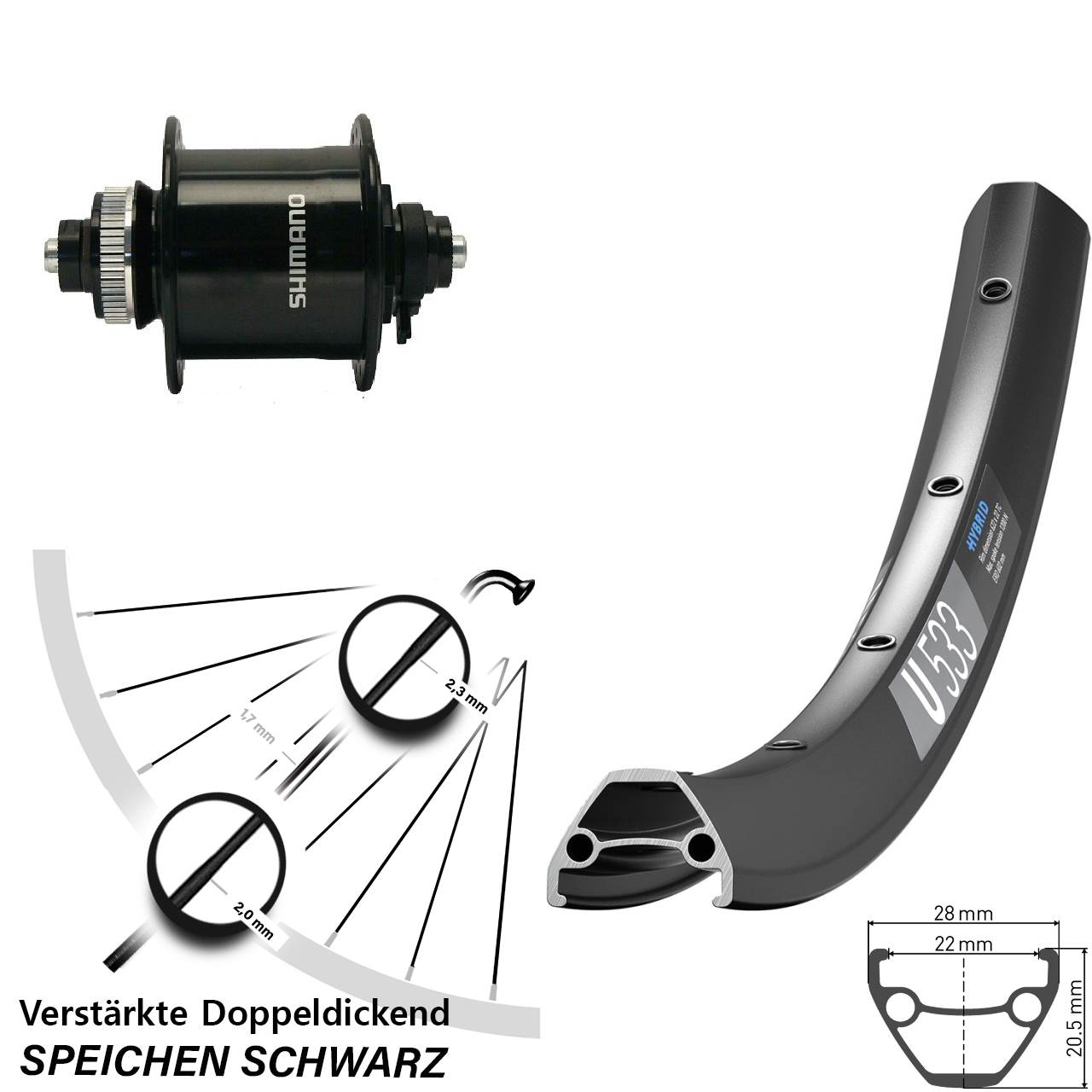DT Swiss U 533 Shimano DH-UR700 26 Zoll Disc Vorderrad mit Nabendynamo QR