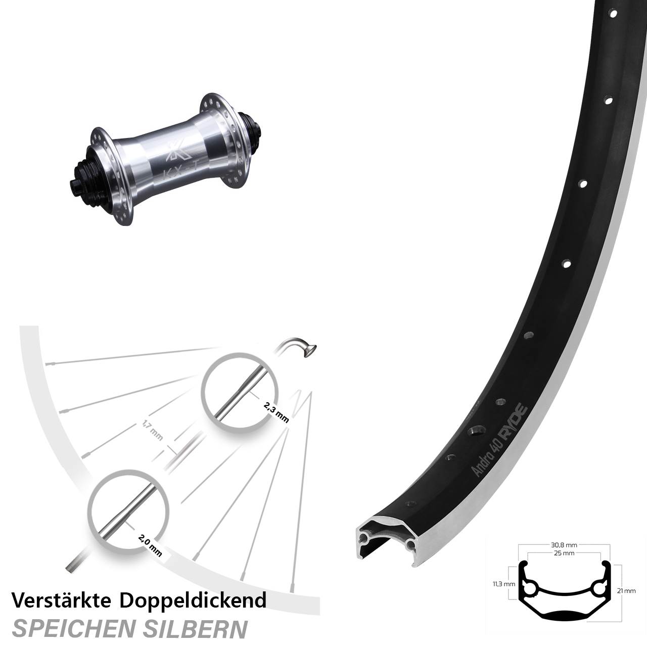 26 Zoll Vorderrad KX-T QR silbern verstärkt Ryde Andra 40