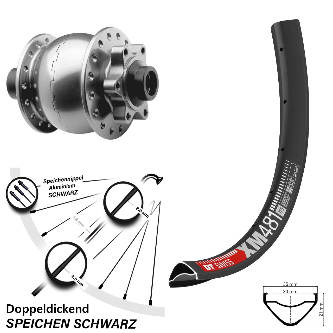Nabendynamovorderrad 6-Loch 15x100 27,5 Zoll DT Swiss XM481 SON 28