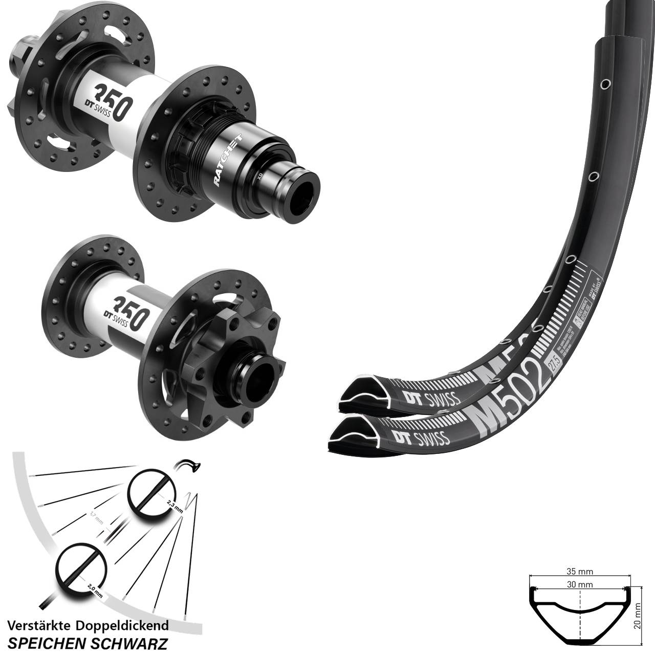 27,5 Zoll DT Swiss M502 350 Laufradsatz 6-Loch 15x110 12x148 XD