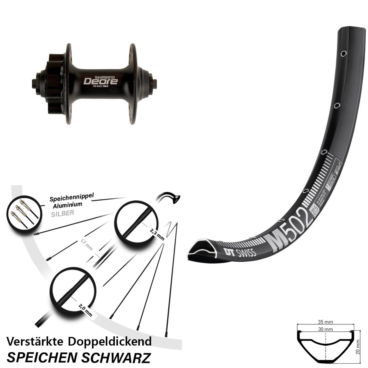 Vorderrad 6-Loch für Schnellspanner 27,5 Zoll DT Swiss M 502 Shimano Deore HB-M525