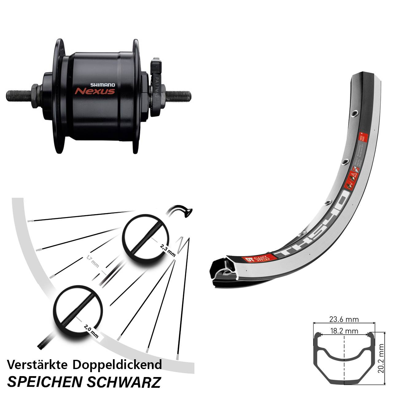 Nabendynamolaufrad 28 Zoll DT Swiss TK 540 Shimano DH-C3000-3N Vollachse