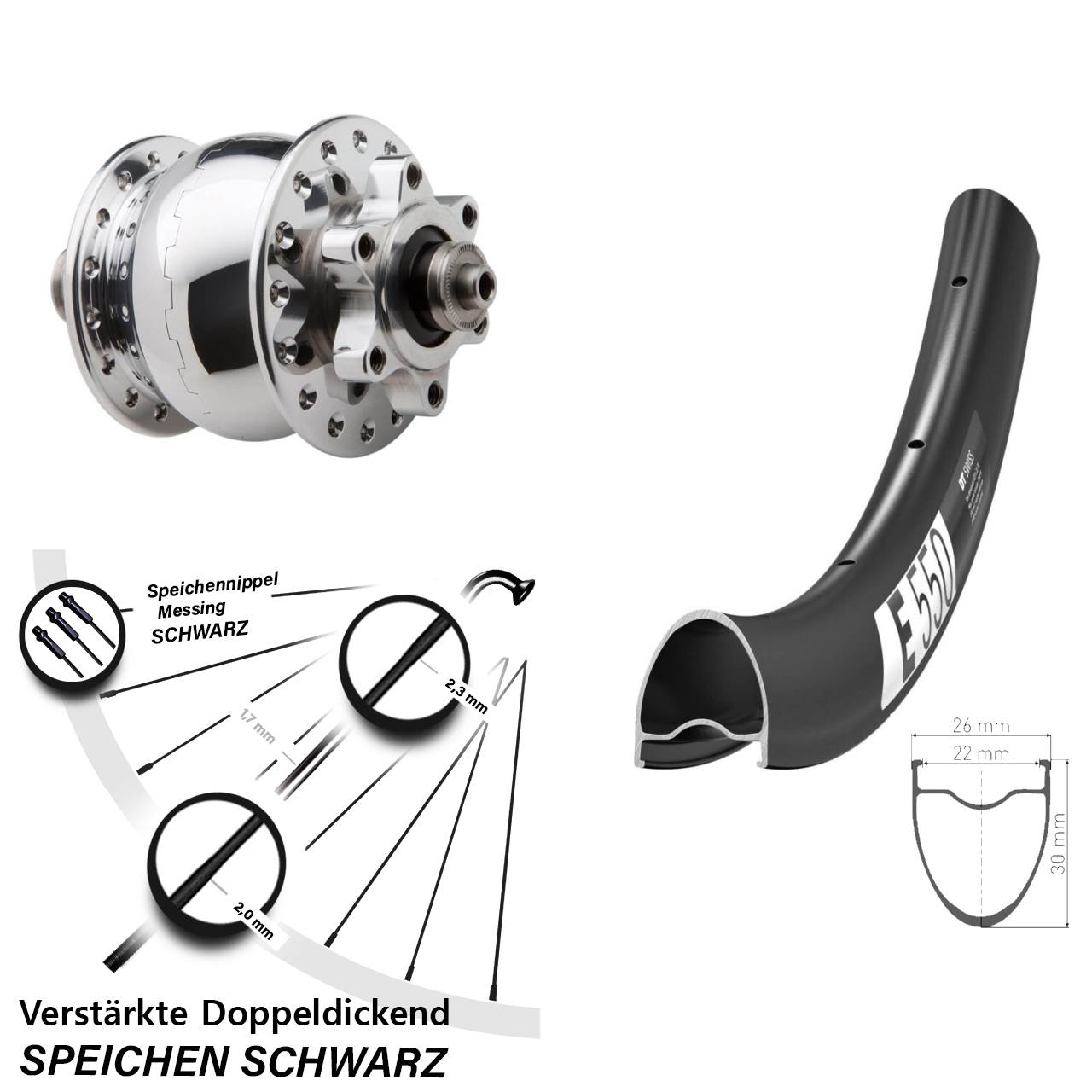 Disc Laufrad mit Nabendynamo DT Swiss E550 SON 28 Zoll poliert für Schnellspanner