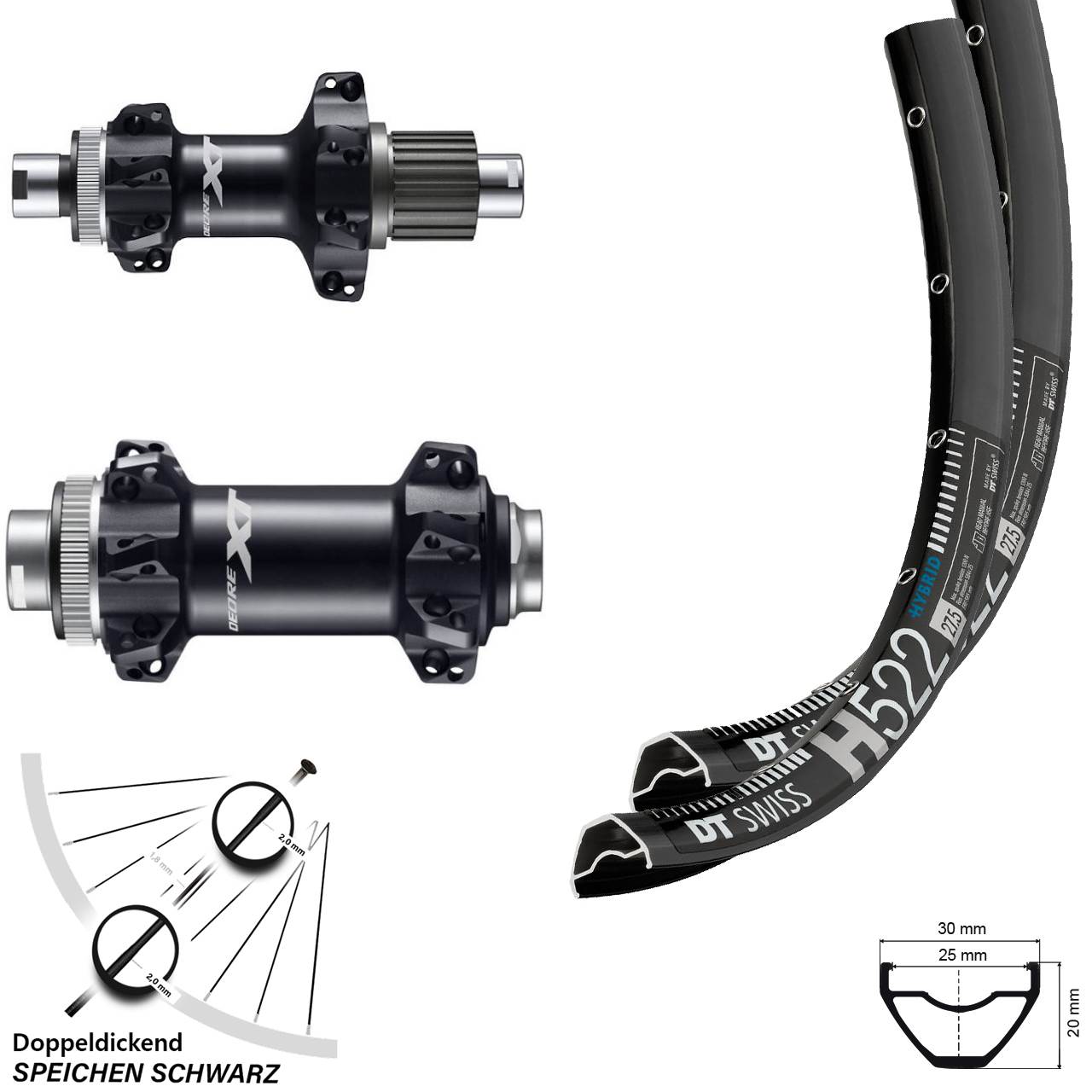 29 Zoll DT Swiss H522 Shimano Deore XT Laufrad-Satz 15x110 12x148 Micro Spline