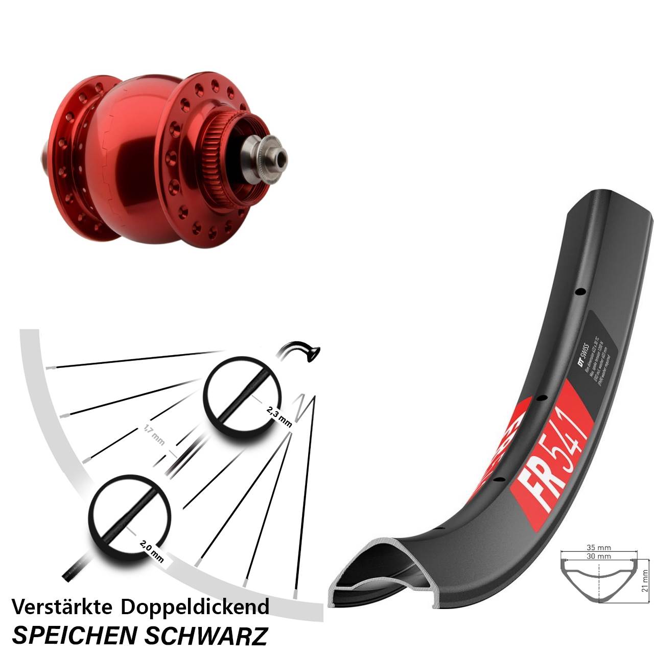 29 Zoll DT Swiss FR 541 SON 28 rot Centerlock Vorderrad mit Nabendynamo für Schnellspanner