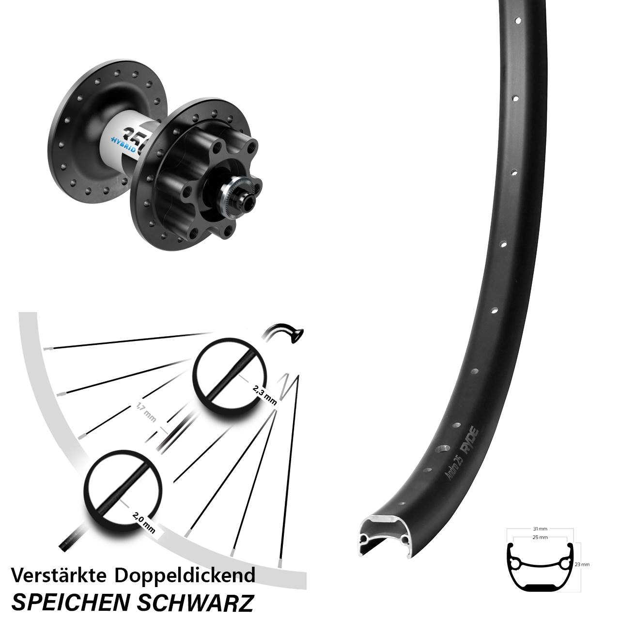 Ryde Andra 25 DT Swiss Hybrid 350 28 Zoll Disc Vorderrad für Schnellspanner