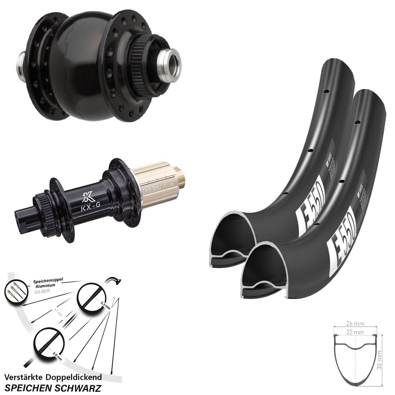 DT Swiss E550 KX-G SON delux 28 Zoll Disc Laufrad-Satz 12x100/142 8-12 fach HG