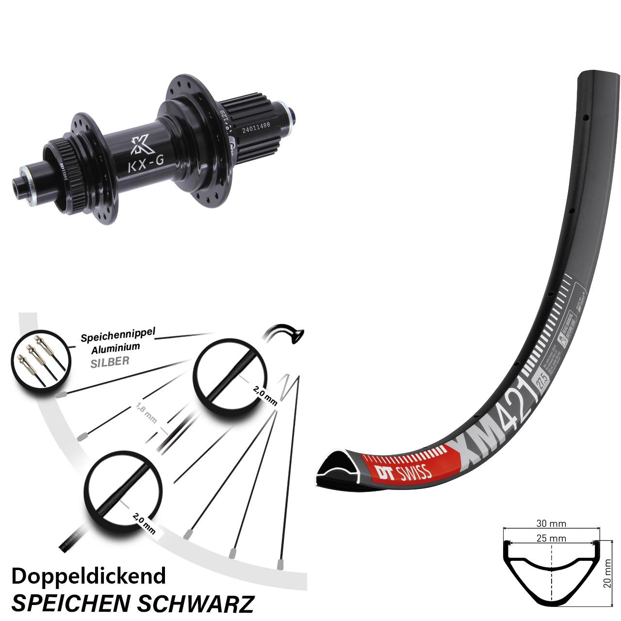 DT Swiss XM421 KX-G 650B Centerlock Hinterrad für Schnellspanner Shimano Micro Spline