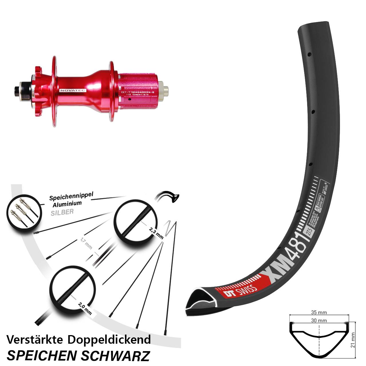 27,5 Zoll DT Swiss XM 481 Novatec D792SB 6-Loch Hinterrad für Schnellspanner 8-12 fach