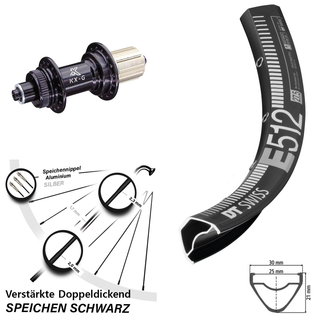 29 Zoll DT Swiss E 512 KX-G Centerlock Hinterrad QR 8-12 fach HG