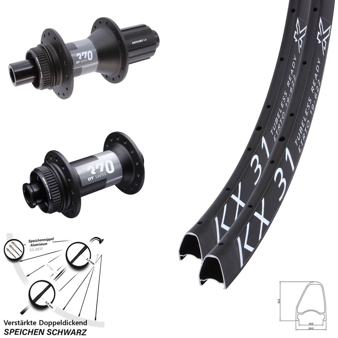 Centerlock Laufradsatz 15x100 12x142 28 Zoll KX 31 Offset DT Swiss 370 11-12 fach