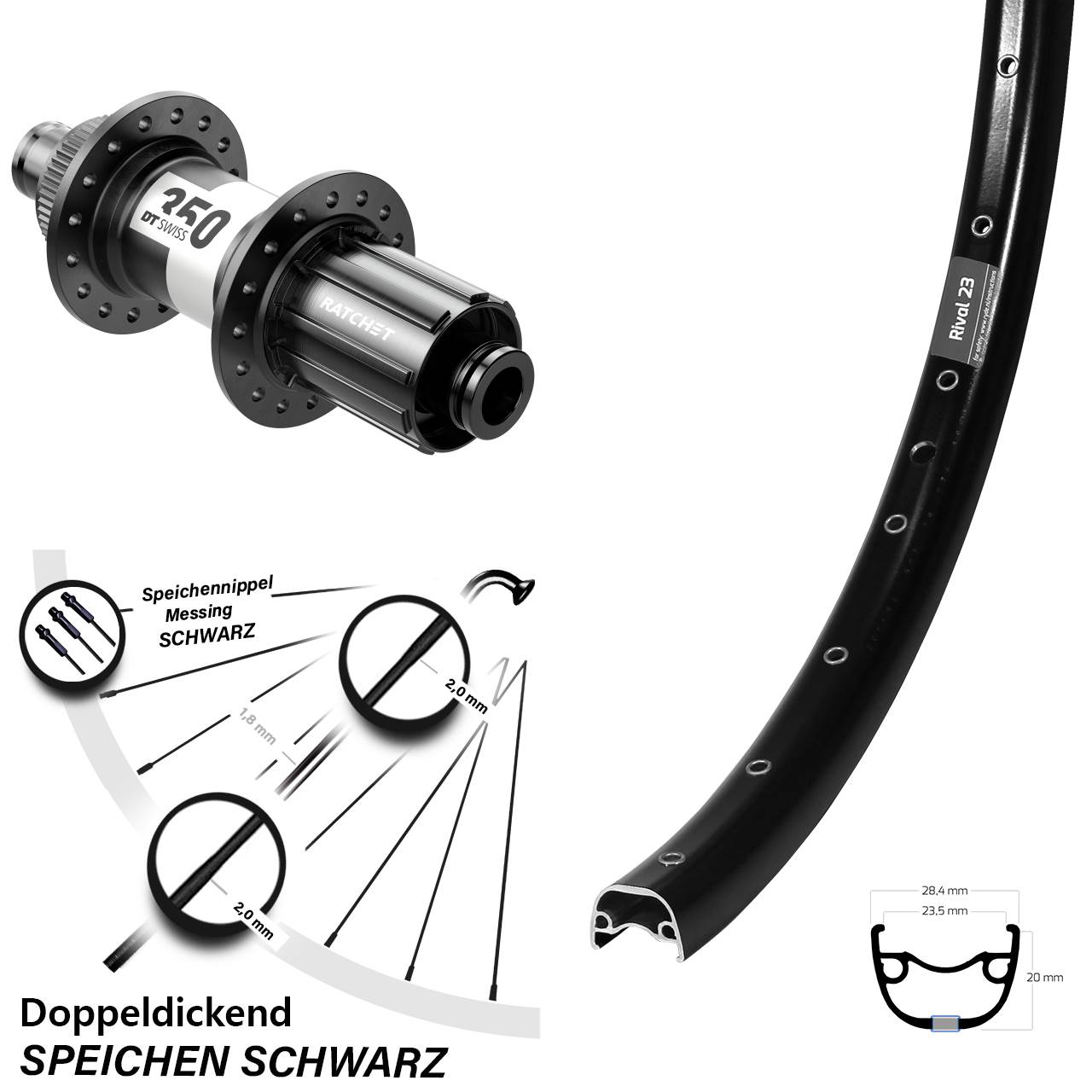 650B Ryde Rival 23 DT Swiss 350 Hinterrad Centerlock 12x142 8-11 fach