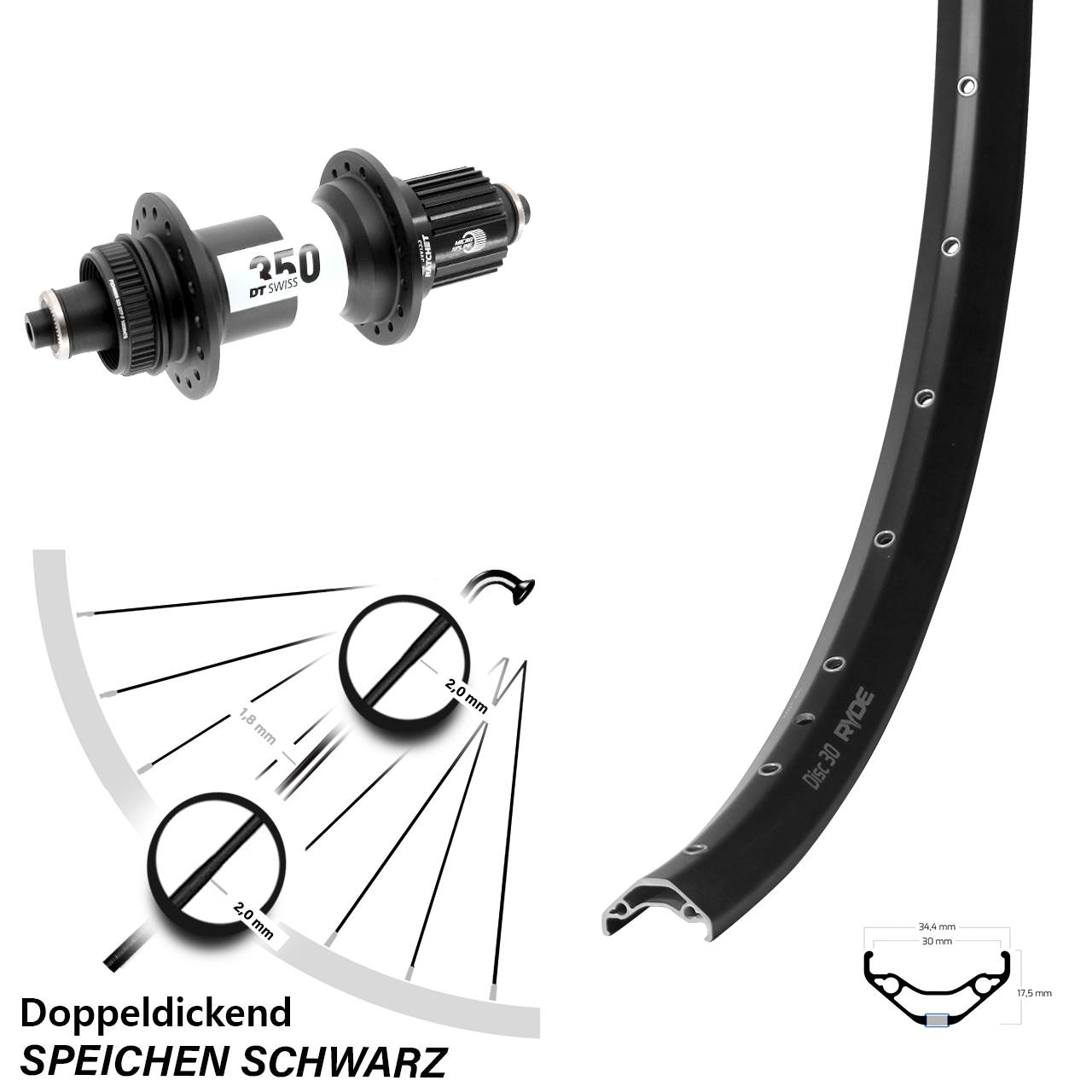Ryde Disc 30 DT Swiss 350 29 Zoll Hinterrad Centerlock QR Boost Micro Spline
