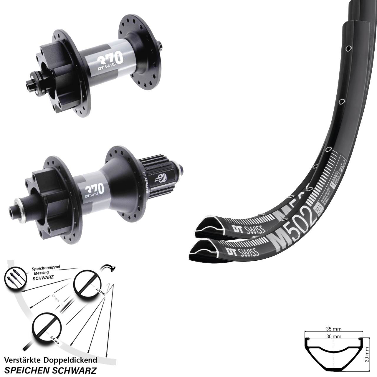 27,5 Zoll DT Swiss M502-370 Hybrid Laufradsatz 6-Loch QR Shimano Micro Spline