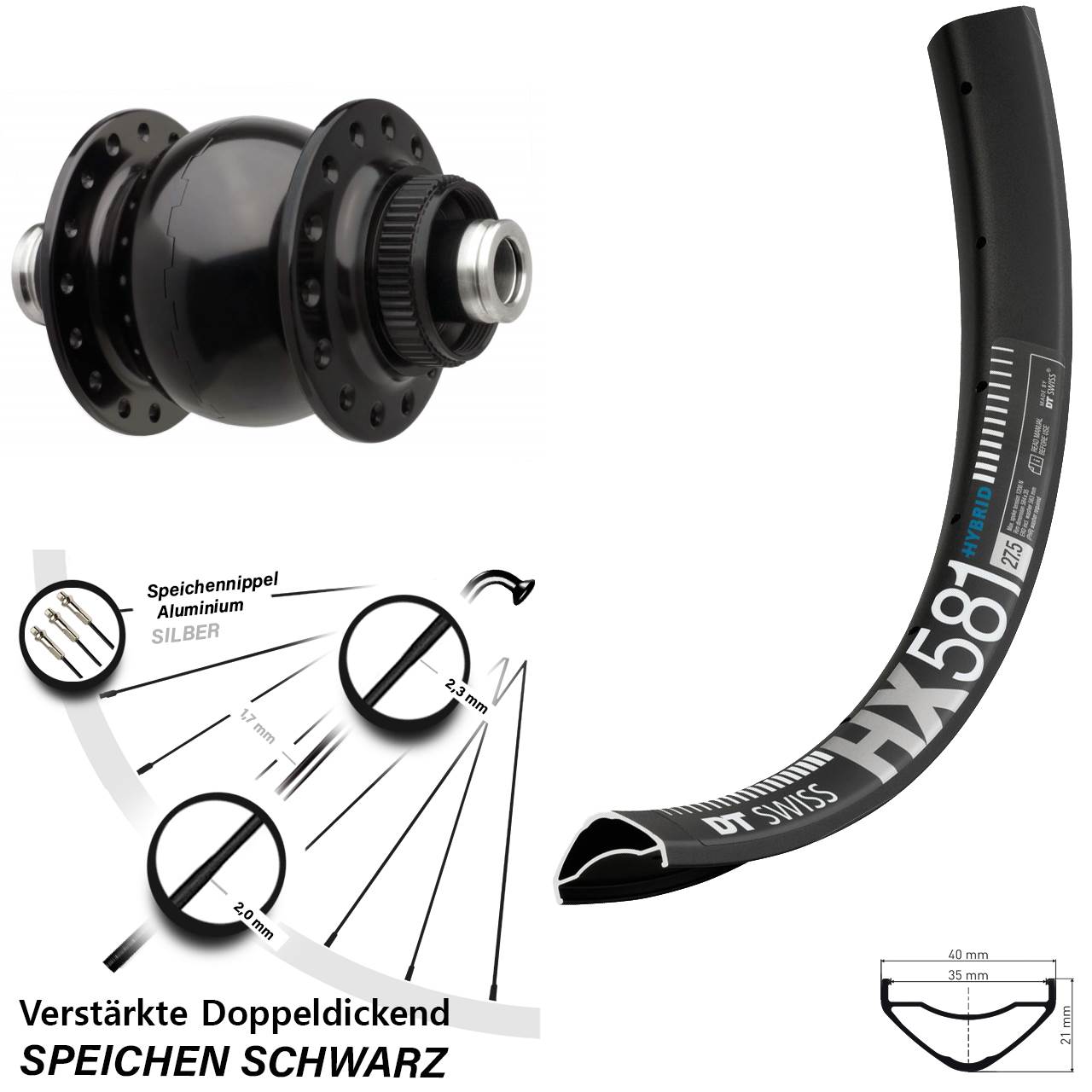 Centerlock Vorderrad mit Dynamo 27,5 Zoll DT Swiss HX581 SON 28 12x110 Boost