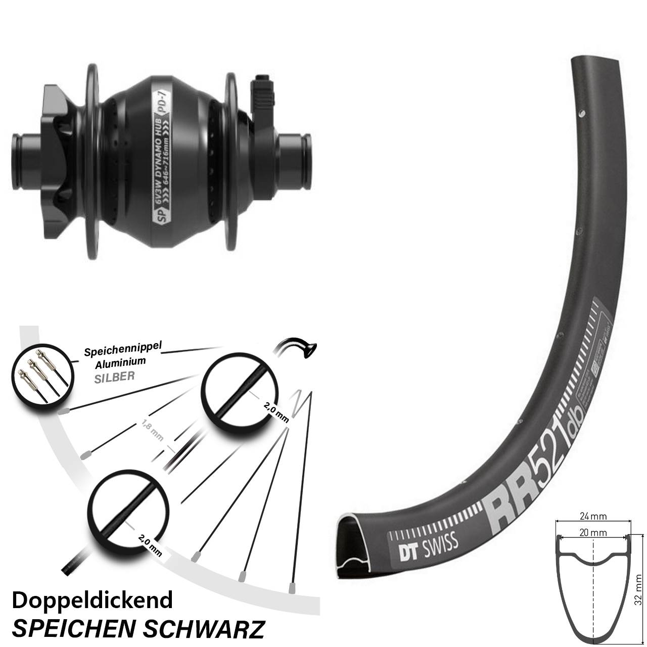 DT Swiss RR 521 Shutter PD-7 28 Zoll Disc Laufrad mit Nabendynamo 12x100