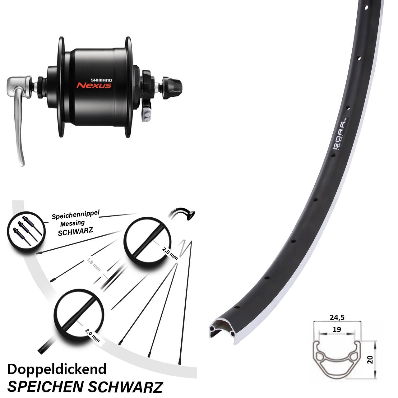 26 Zoll Gora 19 Shimano DH-C3000 Vorderrad mit Nabendynamo QR