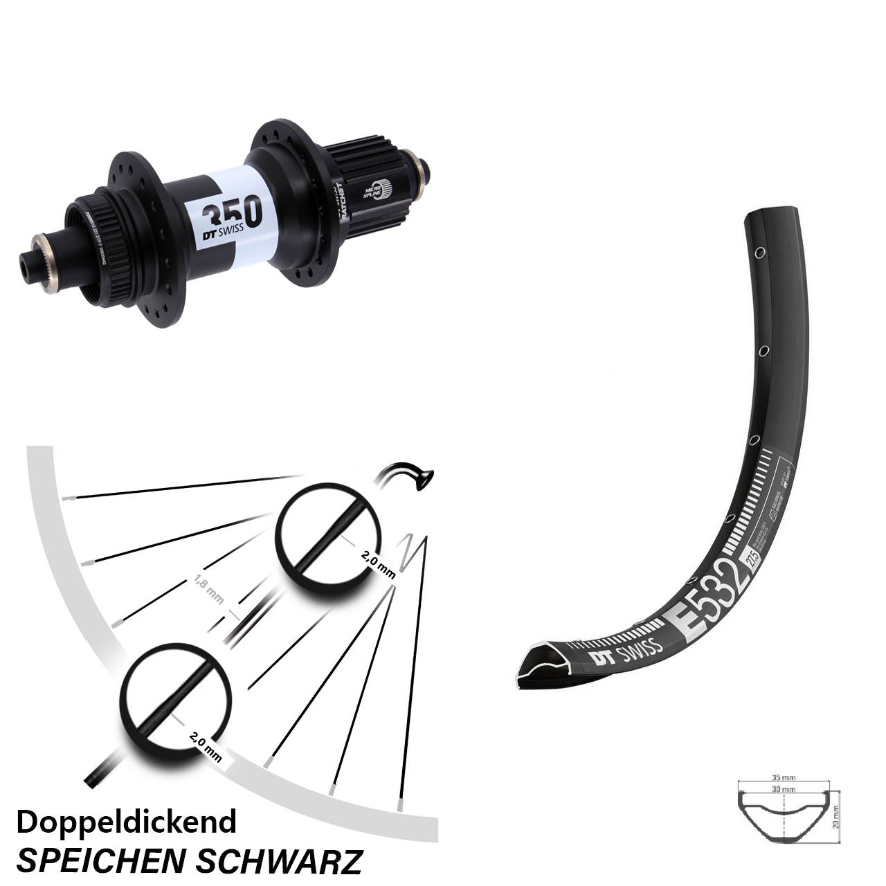 Hinterrad Centerlock 27,5 Zoll DT Swiss E532-350 Shimano Micro Spline für Schnellspanner
