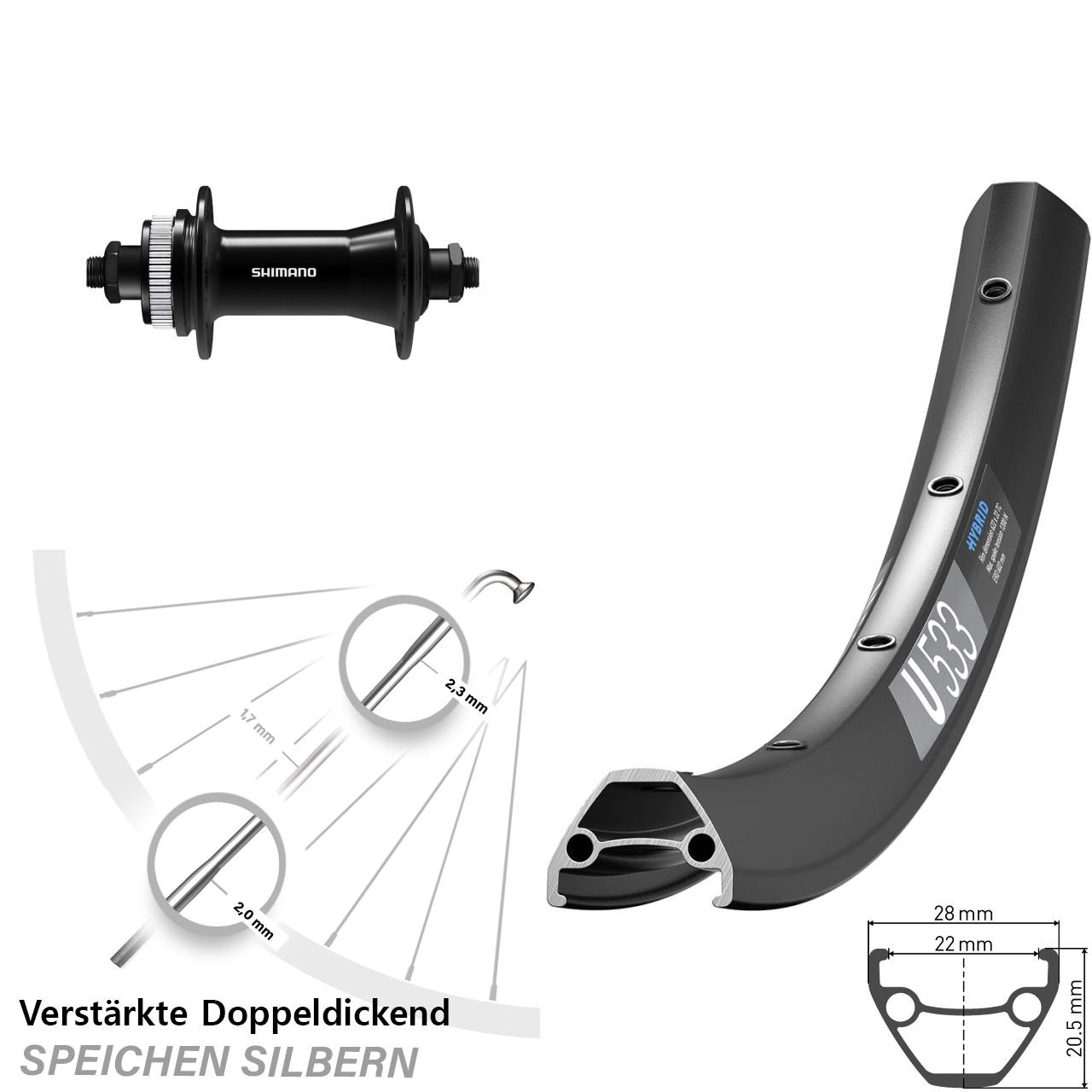 Vorderrad Centerlock 26 Zoll DT Swiss U 533 Shimano HB-QC400 für Schnellspanner
