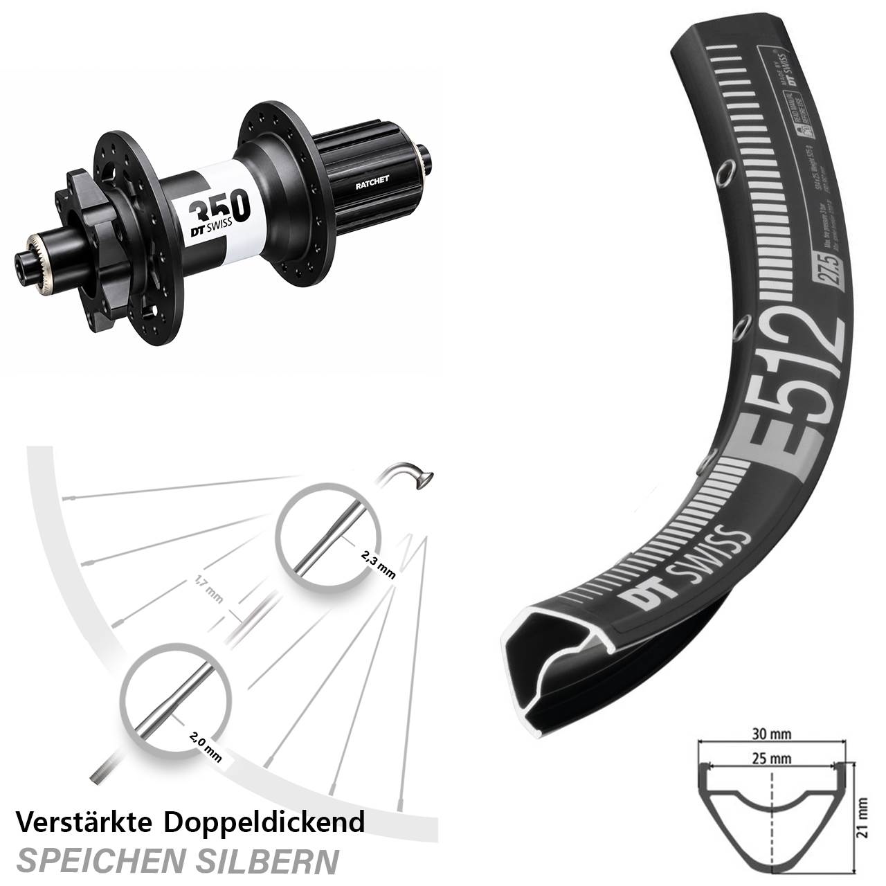 DT Swiss E 512-350 Ratchet 36 6-Loch 29 Zoll Hinterrad QR 8-11 fach