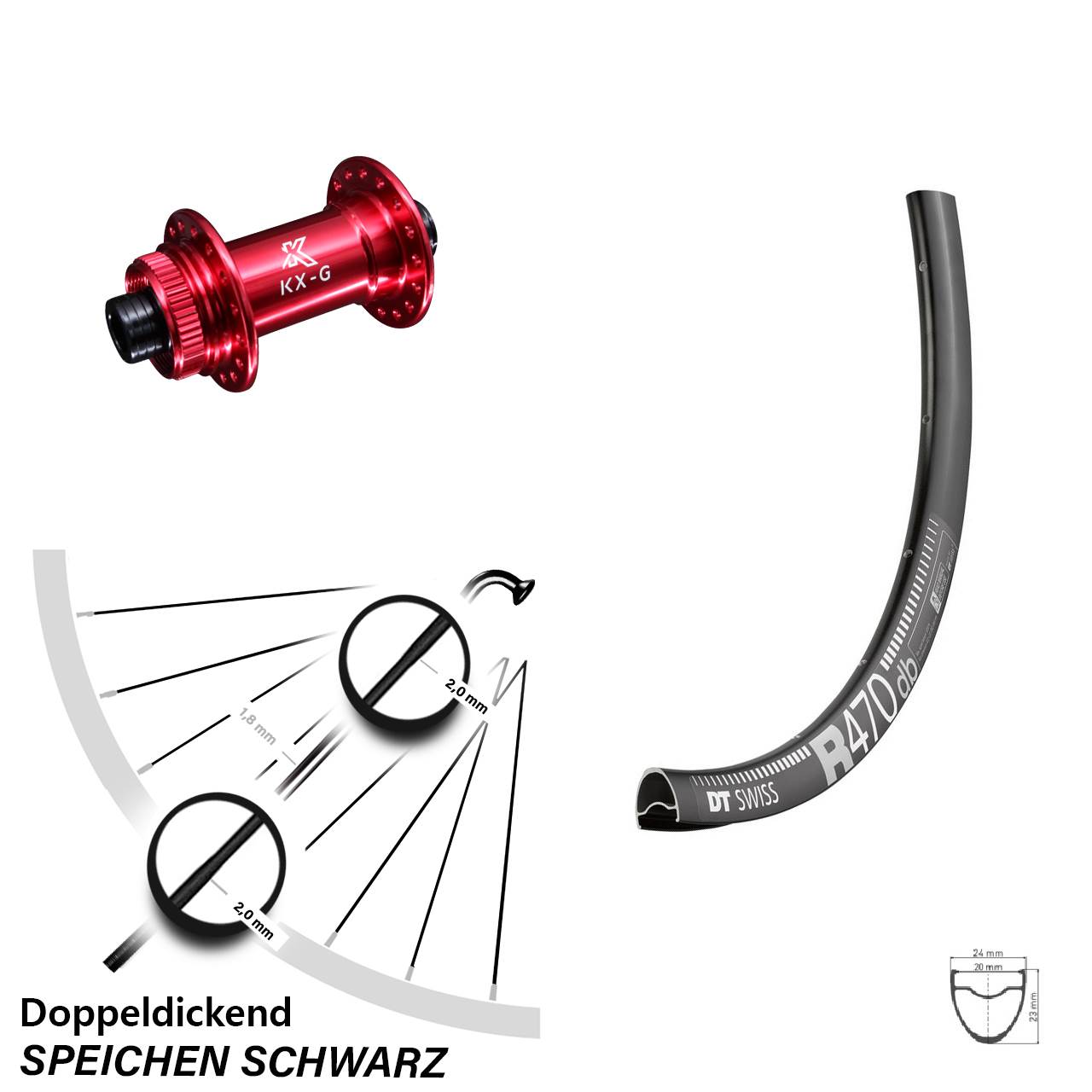 DT Swiss R 470 DB Vorderrad 28 Zoll mit KX-G Nabe rot-eloxiert Steckachse