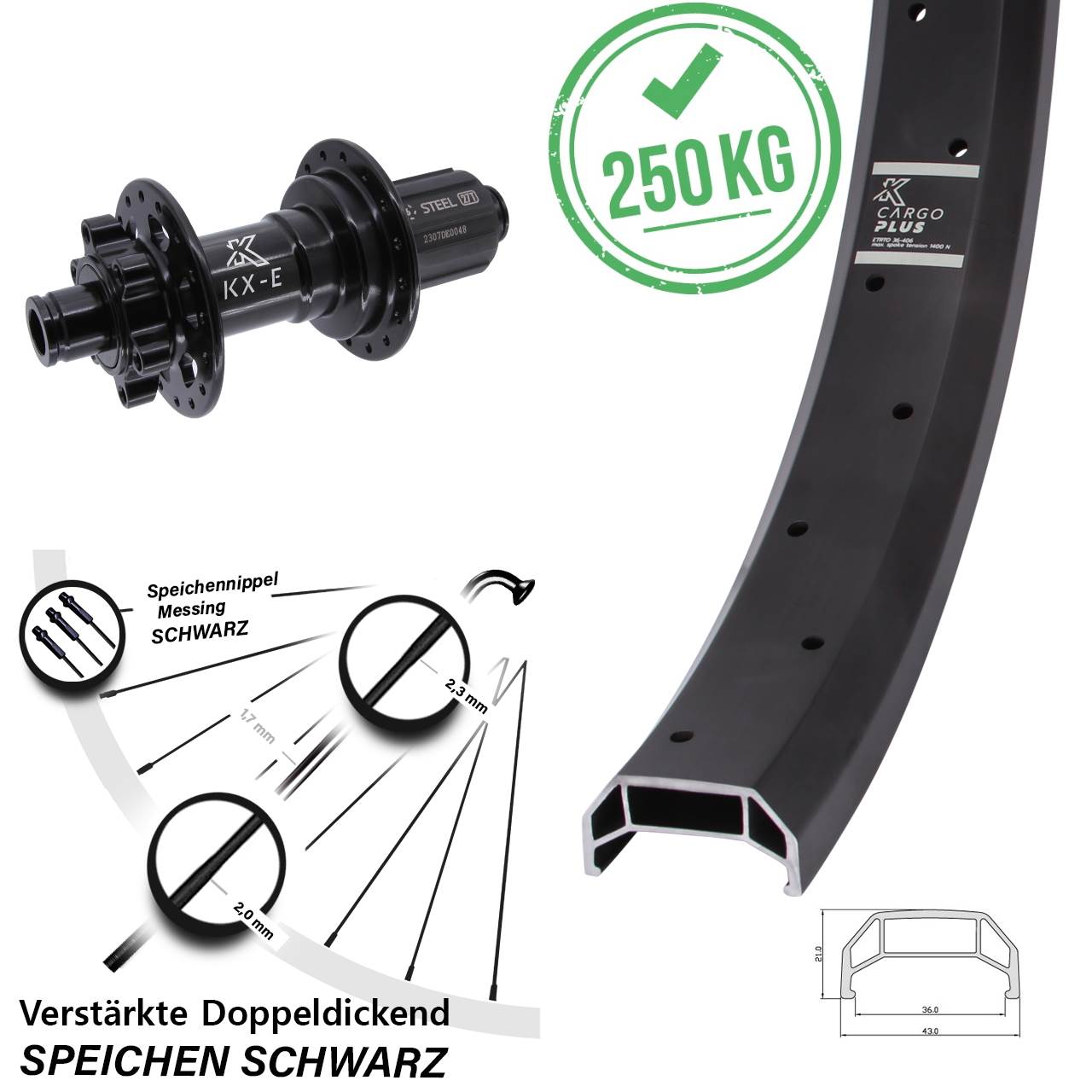 20 Zoll KX-E Cargo Plus Disc Heavy Duty Hinterrad 12x148 Boost 8-12 fach HG
