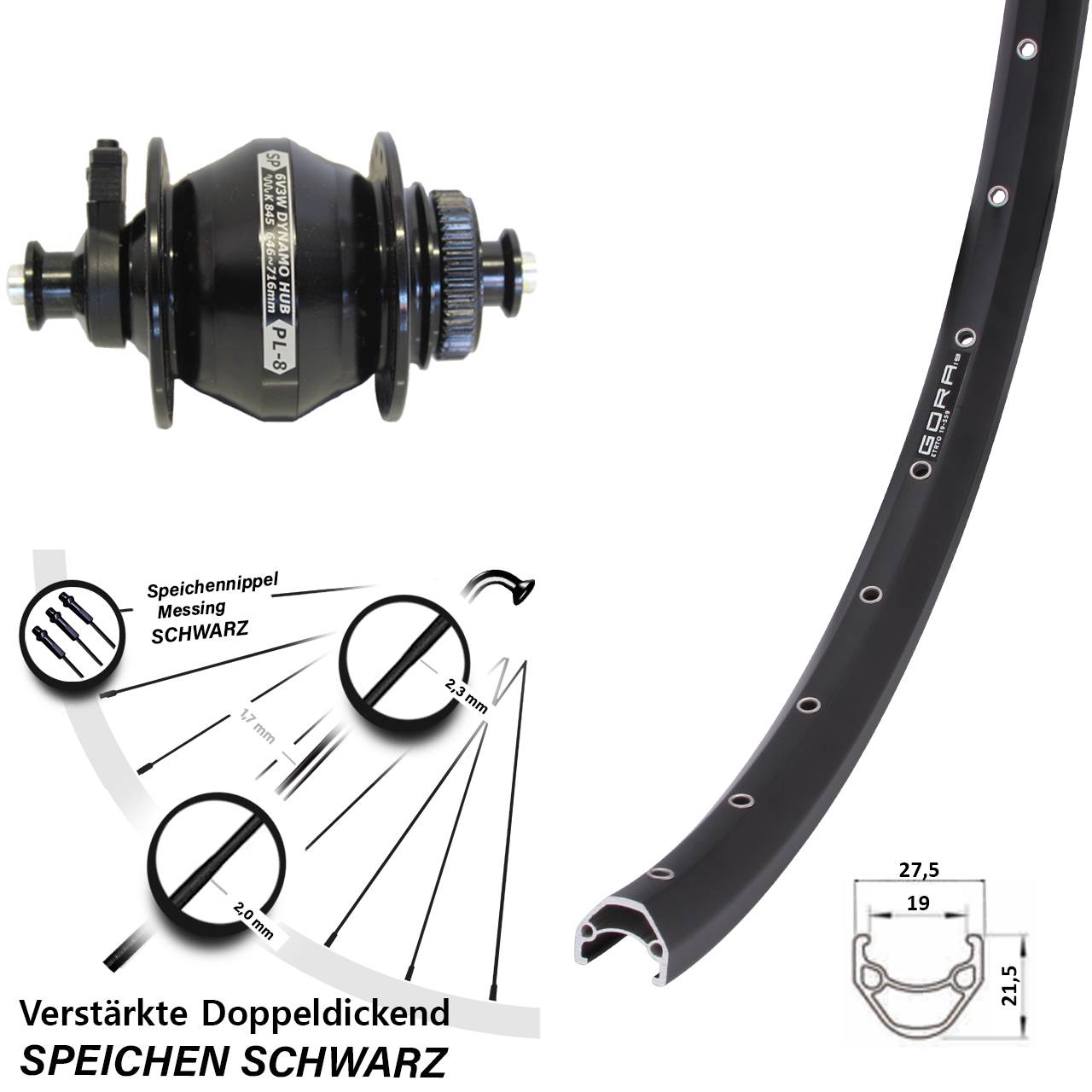 26 Zoll Gora 19 SP PL-8 Centerlock Vorderrad mit Nabendynamo für Schnellspanner