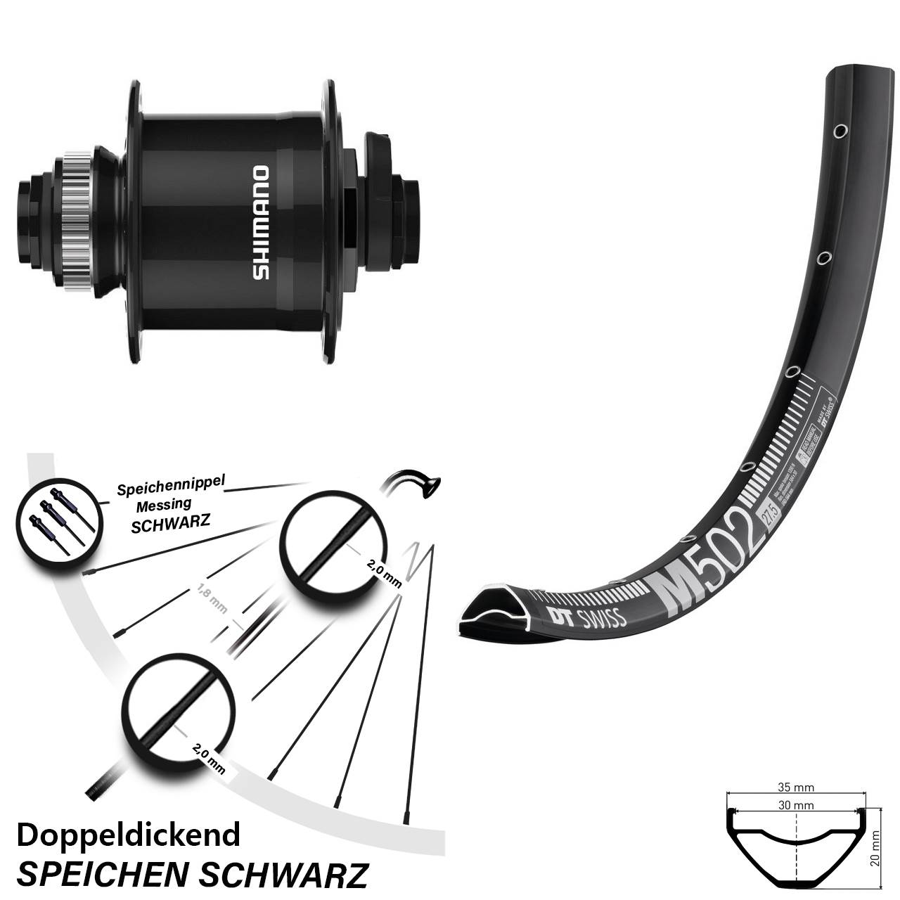 DT Swiss M 502 Shimano DH-UR708-3D 27,5 Zoll Disc Vorderrad mit Nabendynamo 15x100