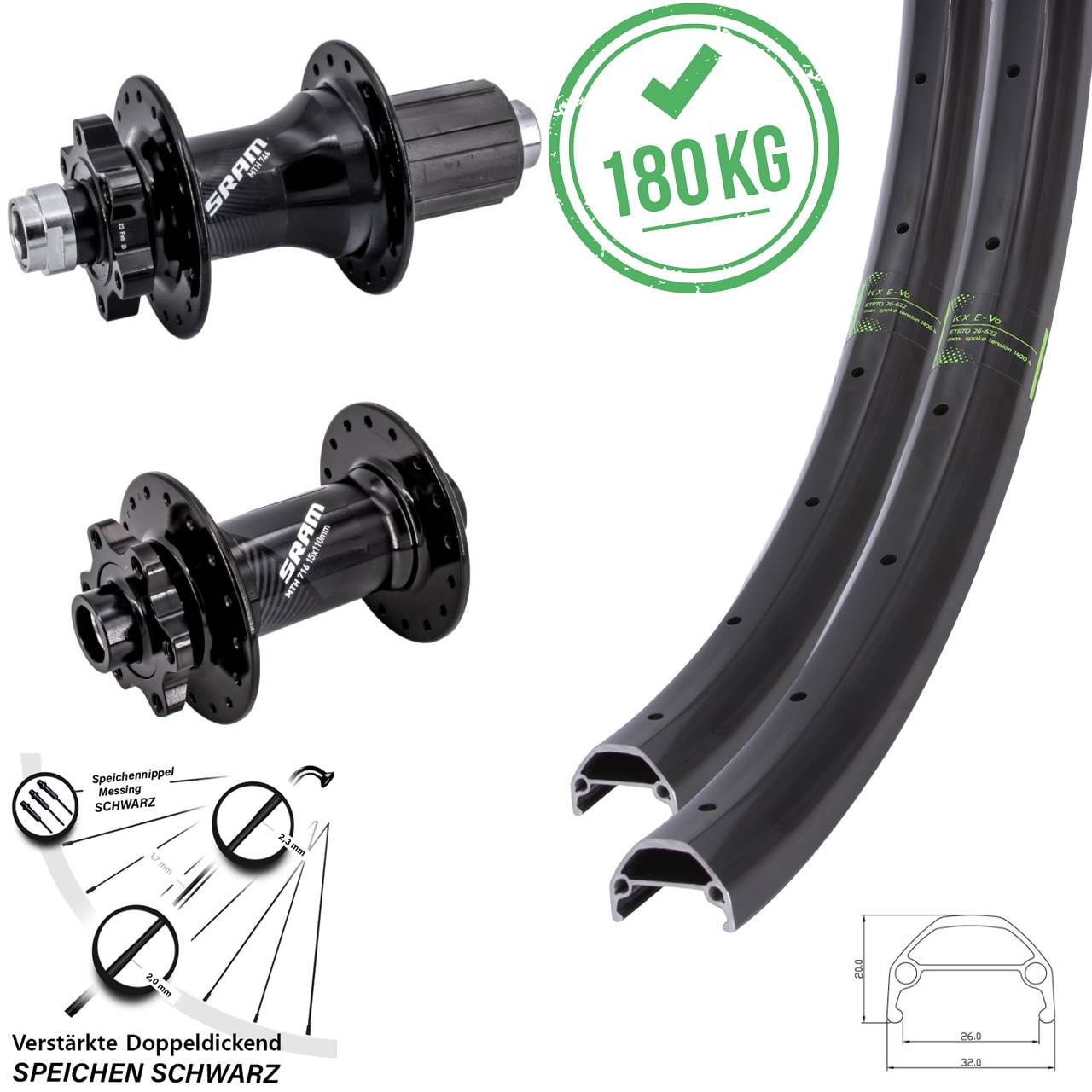 KX Evo Sram 716 746 26 Zoll 6-Loch Laufradsatz 15x110 12x148 8-11 fach HG
