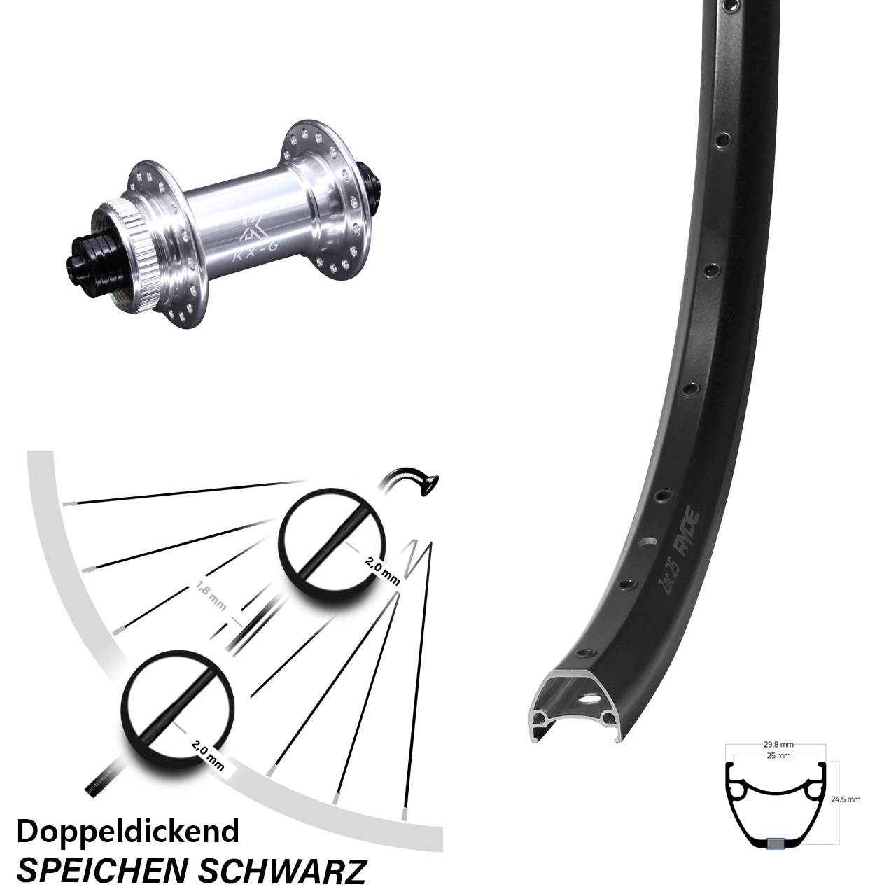 Centerlock Vorderrad 28 Zoll Ryde ZAC 25 KX-G QR