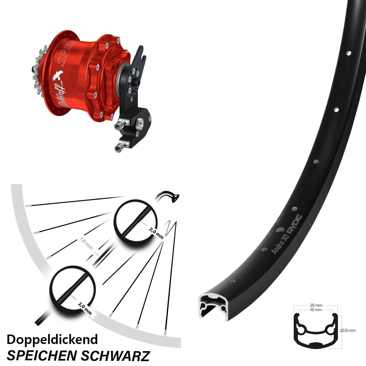Disc Hinterrrad 28 Zoll Ryde Andra 30 Rohloff Speedhub CC DB OEM2 Tandem rot