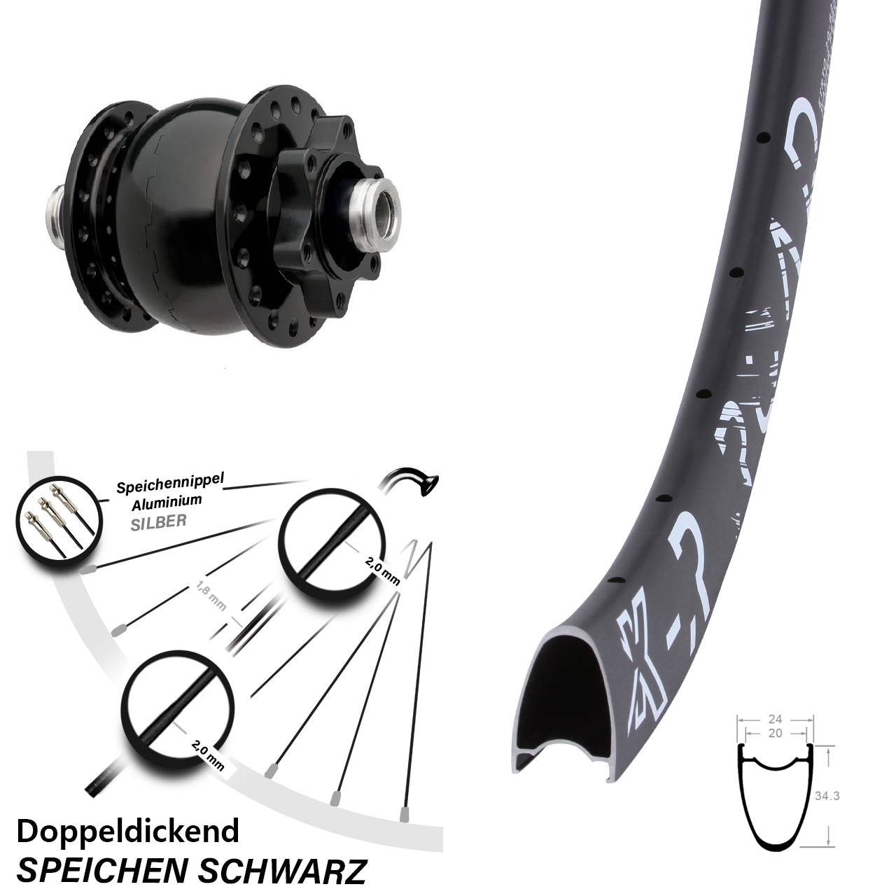 Nabendynamovorderrad 6-Loch 28 Zoll KX-R Road SON 28 12x100