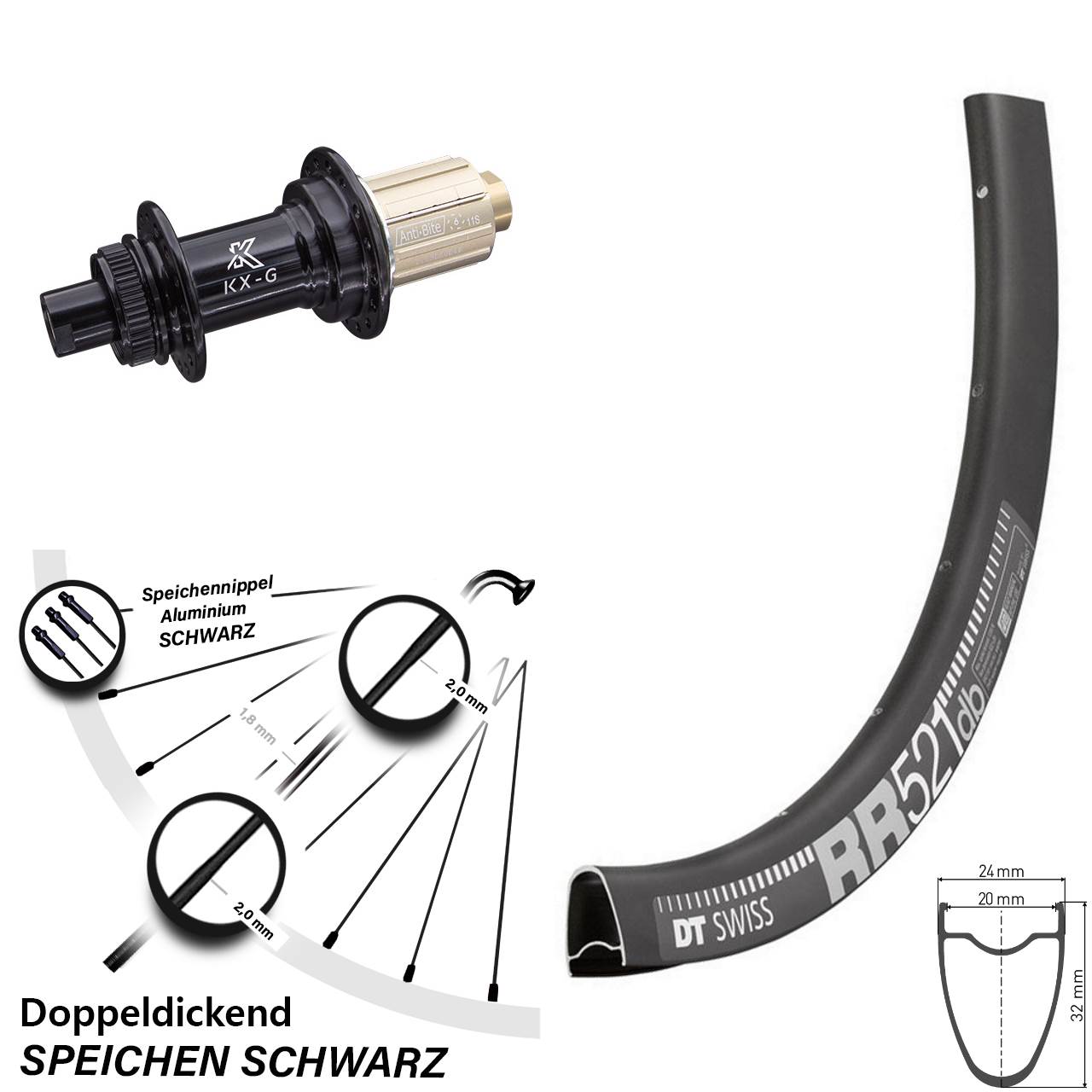 Hinterrad Centerlock 12x142 28 Zoll DT Swiss RR521 KX-G 8-12 fach