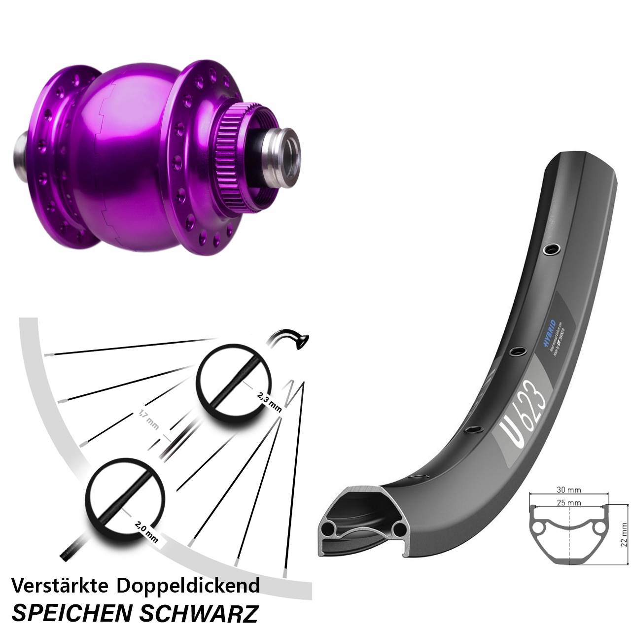 29 Zoll DT Swiss U623 SON 28 violett Disc Nabendynamolaufrad 12x100