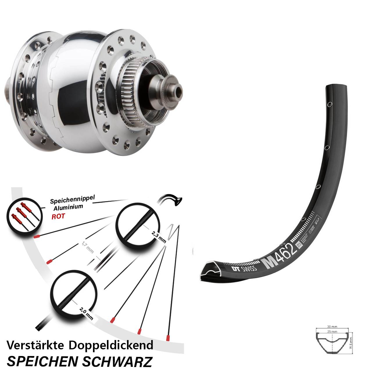 650B DT Swiss M 462 SON delux Nabendynamo-Vorderrad für Schnellspanner