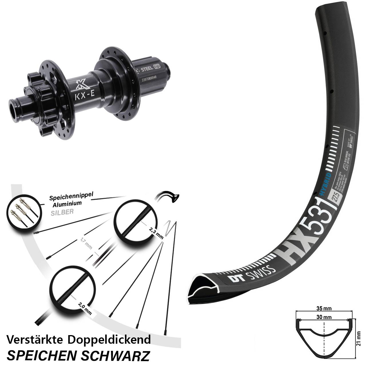 6-Loch Hinterrad 29 Zoll DT Swiss HX 531 KX-E Heavy Duty 8-12 fach 12x148 Boost