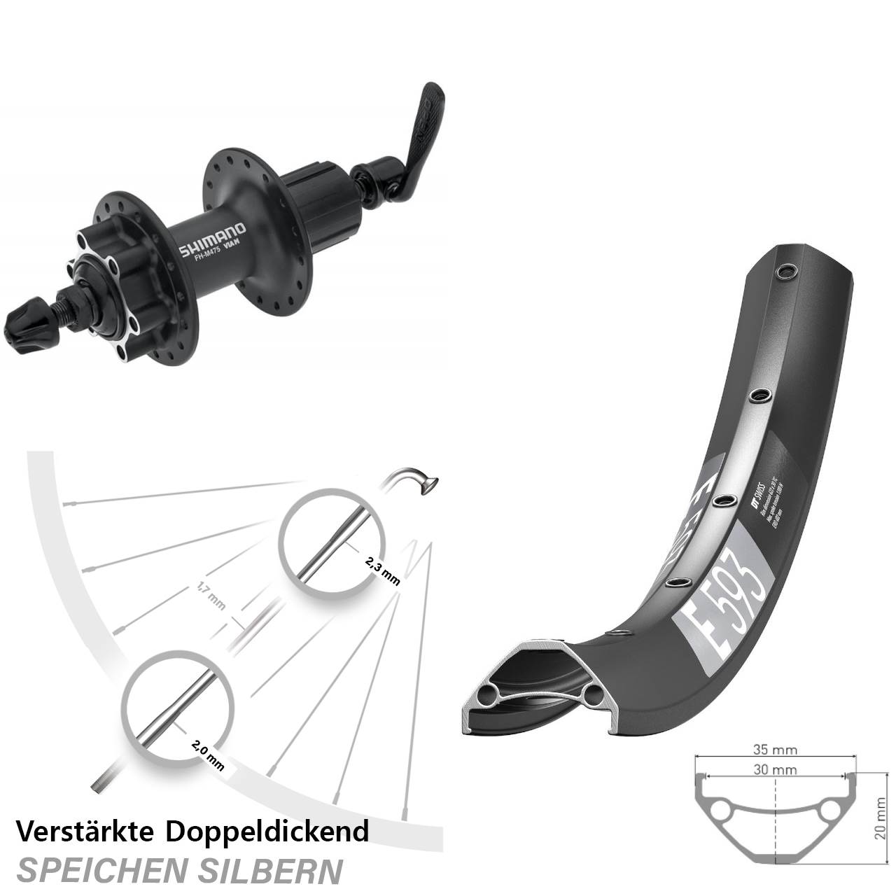 DT Swiss E593 Shimano FH-M475 29 Zoll Hinterrad 6-Loch für Schnellspanner 8-11 fach HG